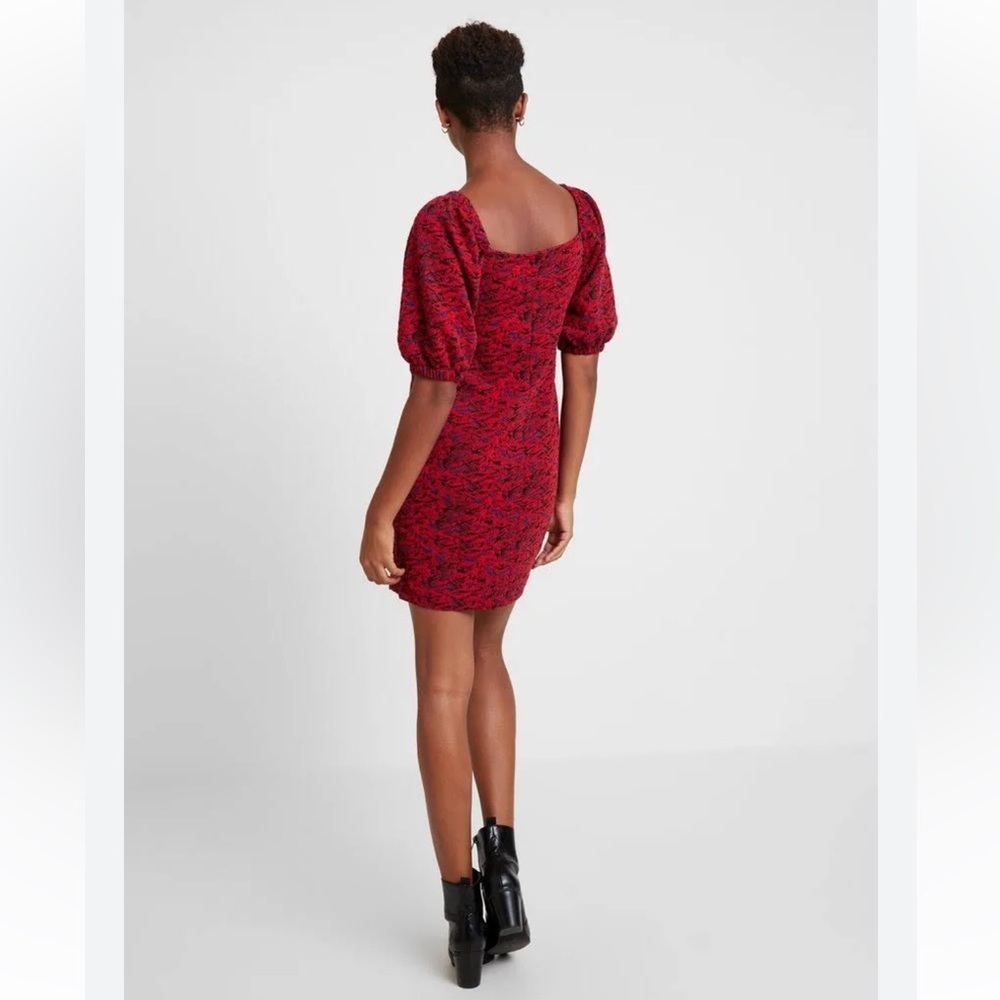 Free People Red Sunset Puff Sleeve Mini Dress With Black & Blue Highlights XS